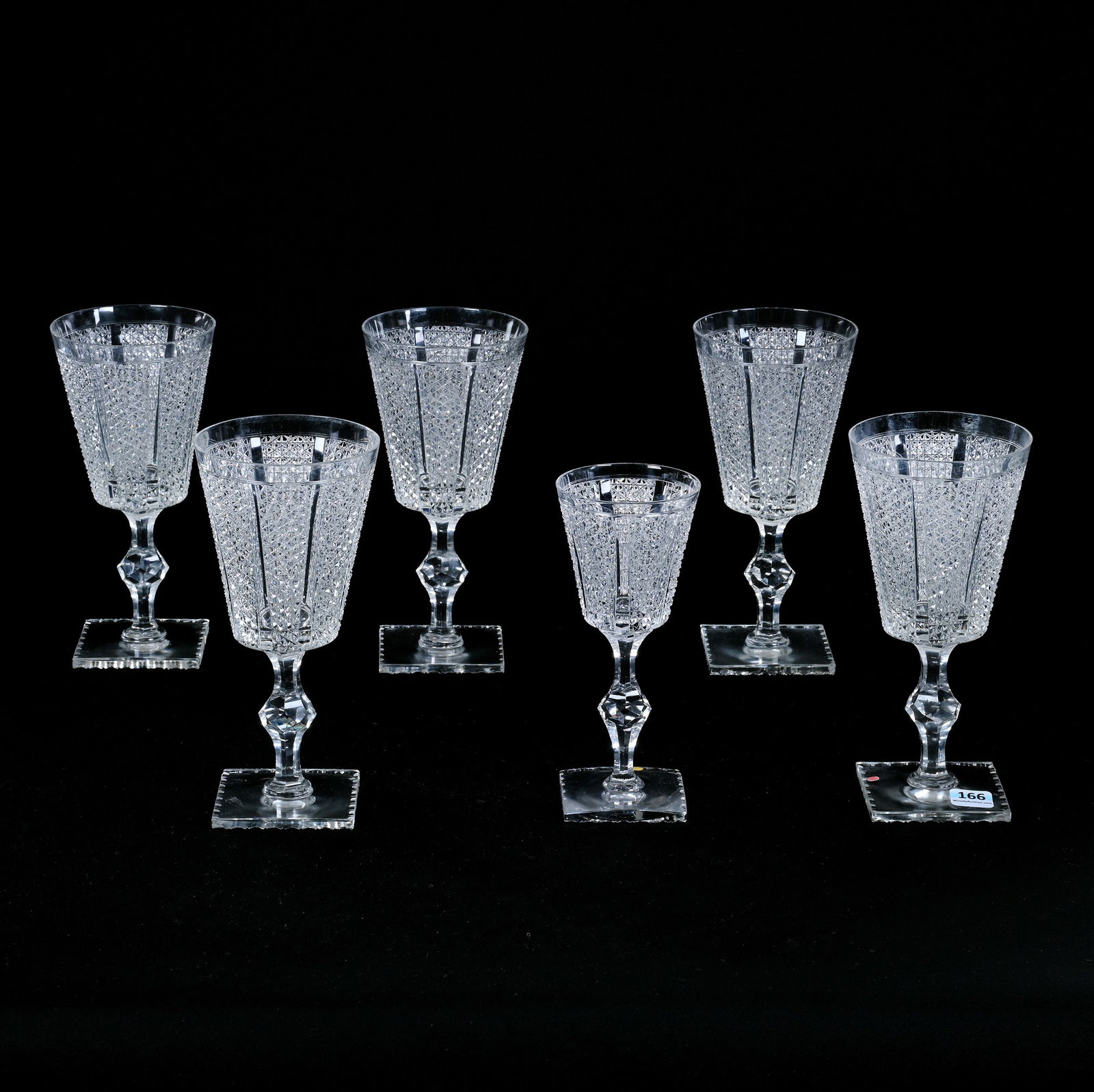 (6) Stems, American Brilliant Cut Glass, Signed Hawkes Panel And Kohinoor Pattern, Square Base: (6) Stems, American Brilliant Cut Glass, Signed Hawkes Panel And Kohinoor Pattern, Square Base, (5) 7.75" x 3.75" Goblets, (1) 6.75" x 3" Wine Stem, California Private Collection.