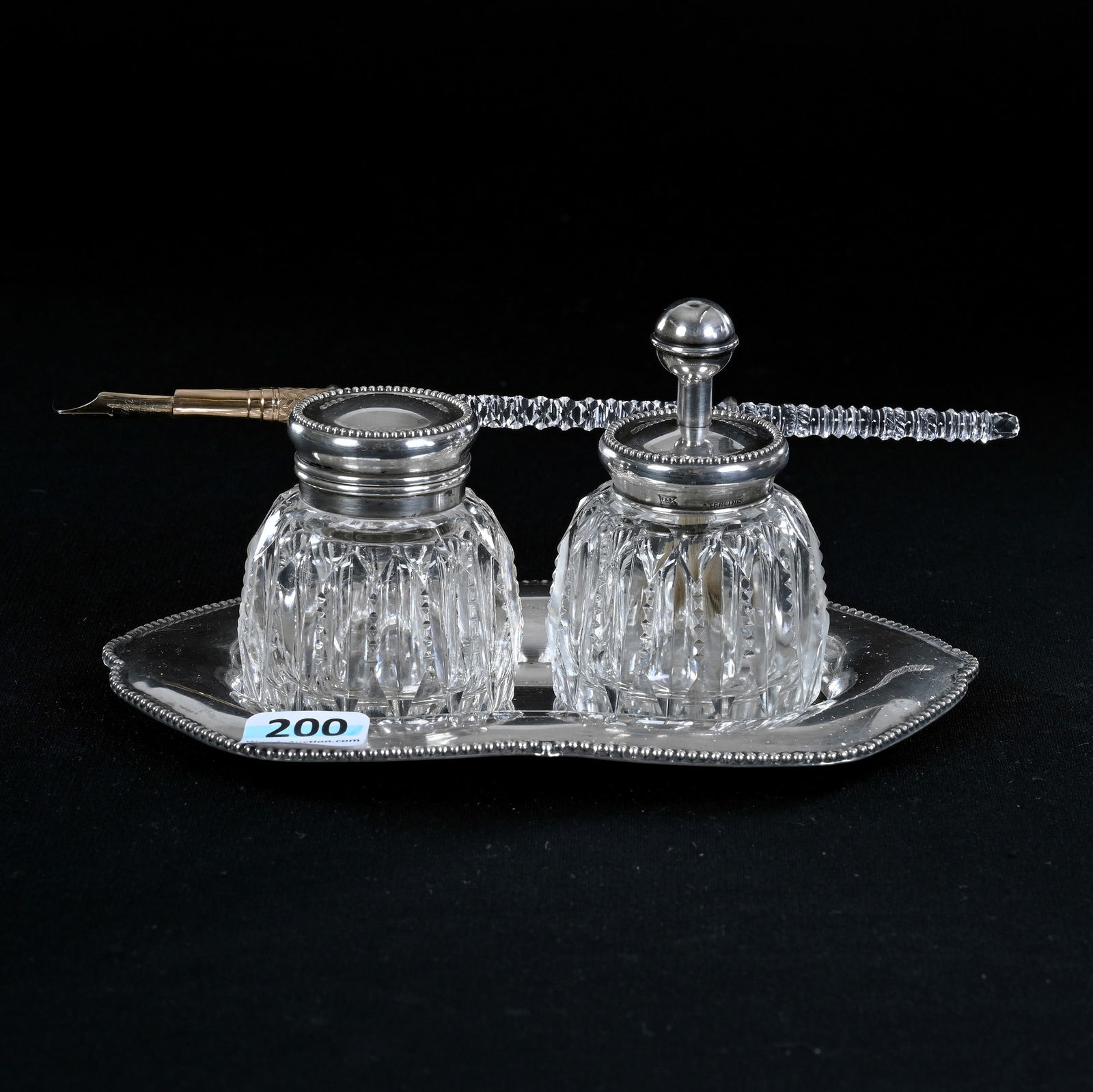 Four Piece Desk Set, American Brilliant Cut Glass, Two Bottles In Prism Cut Pattern With One Being (1 of 7)