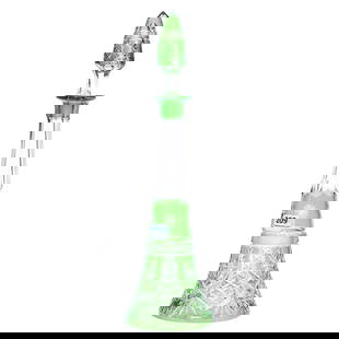 Decanter, BPCG, Green Cut To Clear: Decanter, Brilliant Period Cut Glass, Green Cut To Clear, 13.75" x 4", Crosscut Diamond, Star And Fan Motif, Pattern Cut Stopper, Unidentified Maker, Eleanor Eulau Collection.