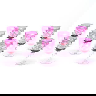 (8) Wine Stems, American Brilliant Cut Glass, Cranberry Cut To Clear: (8) Wine Stems, American Brilliant Cut Glass, Cranberry Cut To Clear, 4.75" x 2.5", Modified Russian Pattern, Ray Cut Foot, Nice Set, Eleanor Eulau Collection.