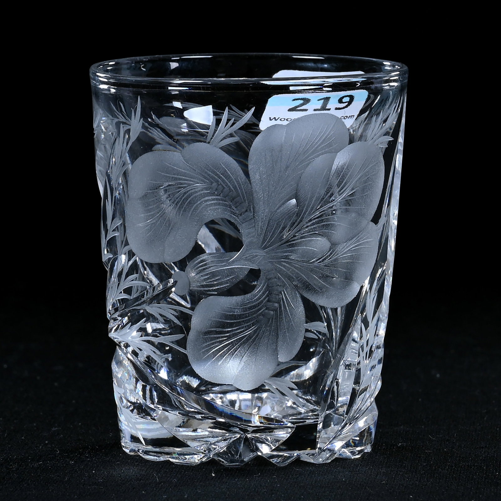 Whiskey Tumbler, American Brilliant Cut Glass, Gravic Iris Pattern By Hawkes: Whiskey Tumbler, American Brilliant Cut Glass, Gravic Iris Pattern By Hawkes, 2.75" x 2.25", Ray Cut Base, Base Nick, Eleanor Eulau Collection.