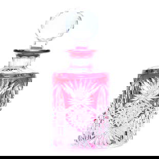 Cologne Bottle, BPCG, Cranberry Cut To Clear: Cologne Bottle, Brilliant Period Cut Glass, Cranberry Cut To Clear, 7.5" x 3", Hobstar, Diamond, Strawberry Diamond, Prism And Fan Motif, Hobstar Cut Base, Eleanor Eulau Collection.