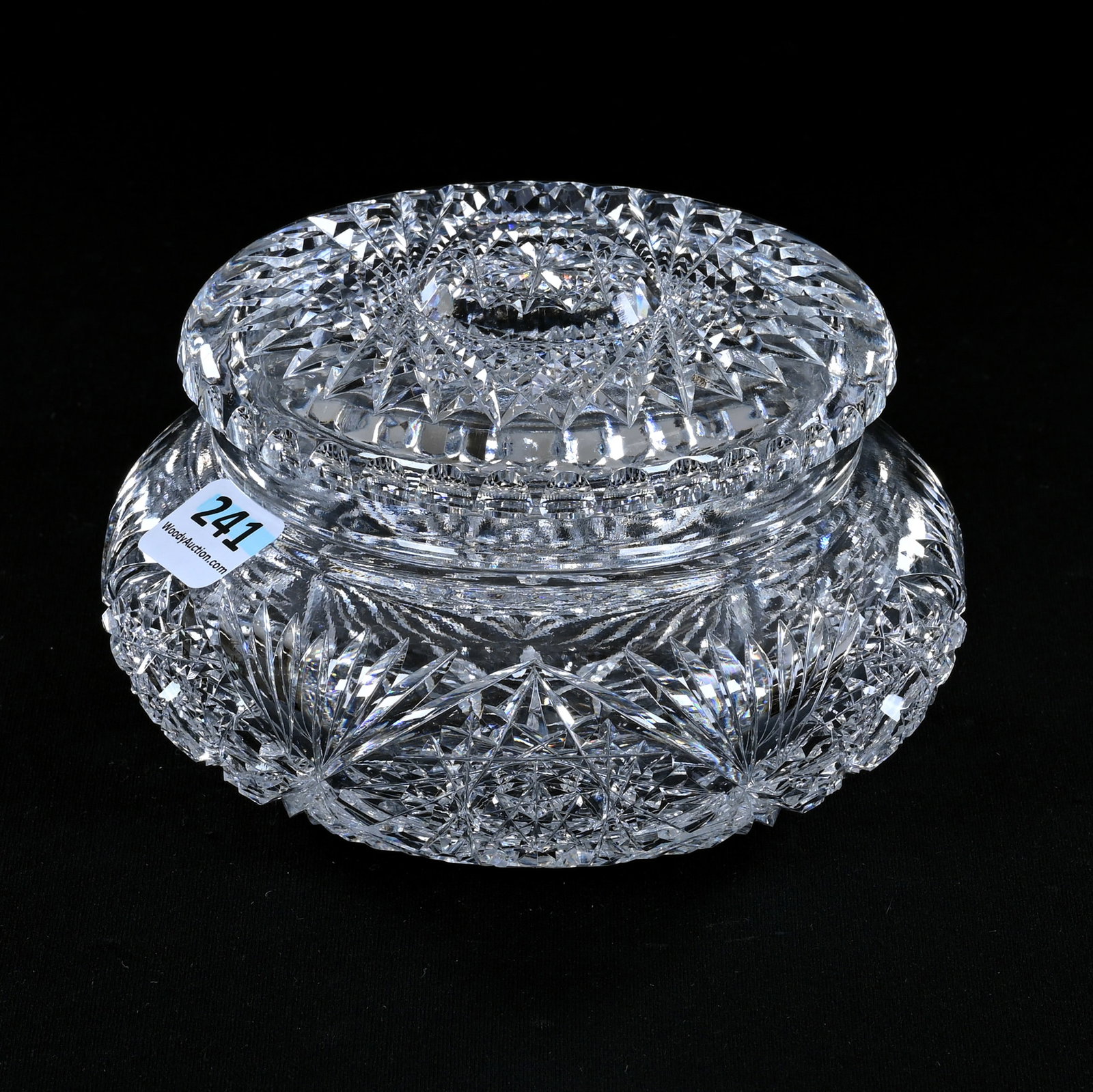 Powder Box, American Brilliant Cut Glass, Hobstar And Fan Motif, Hobstar Cut Lid, Ray Cut Base: Powder Box, American Brilliant Cut Glass, Hobstar And Fan Motif, Hobstar Cut Lid, Ray Cut Base, 3.25" x 5", Eleanor Eulau Collection.