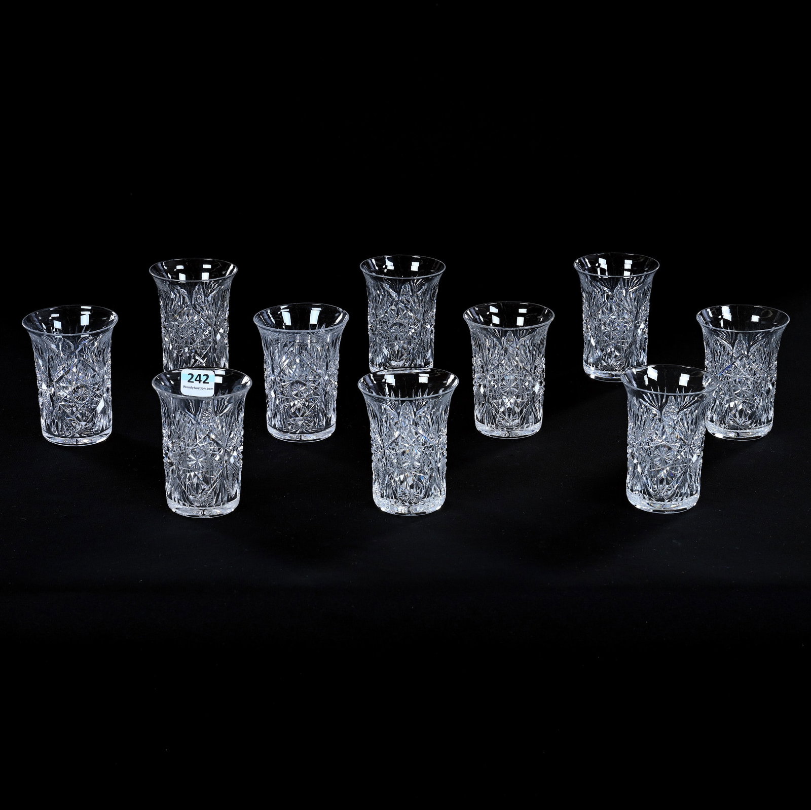 (10) Juice Glasses, American Brilliant Cut Glass, Monarch Pattern By J. Hoare: (10) Juice Glasses, American Brilliant Cut Glass, Monarch Pattern By J. Hoare, 3.5" x 2.5", Ray Cut Base, Two With Rim Chips, Eleanor Eulau Collection.