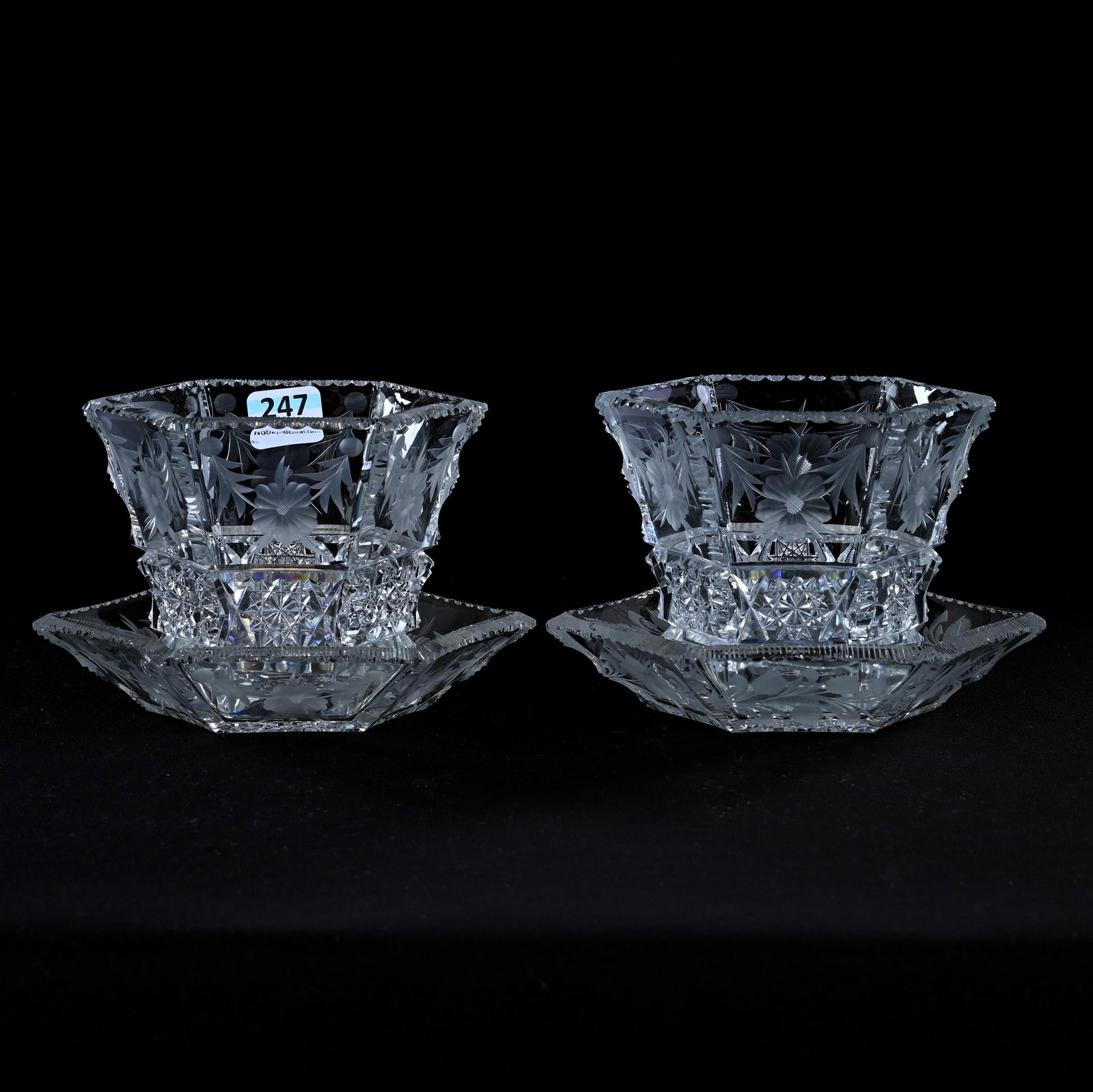 Pair Of Mayonnaise Bowls/Underplates, American Brilliant Cut Glass, Signed Tuthill Primrose Pattern: Pair Of Mayonnaise Bowls/Underplates, American Brilliant Cut Glass, Signed Tuthill Primrose Pattern, 3.75" x 5.75", Eleanor Eulau Collection.