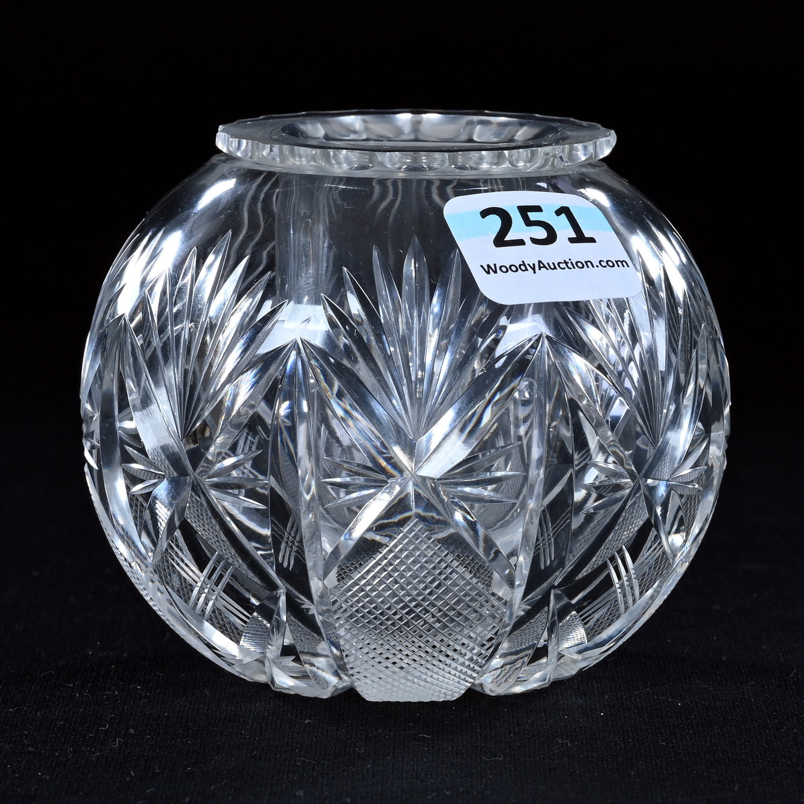 Rose Bowl, Cut Glass, Violet Vase Insert: Rose Bowl, Cut Glass, Violet Vase Insert, 2.75" x 3", Strawberry Diamond, Crosshatch And Fan Motif, Rim Chip On Insert, Eleanor Eulau Collection.