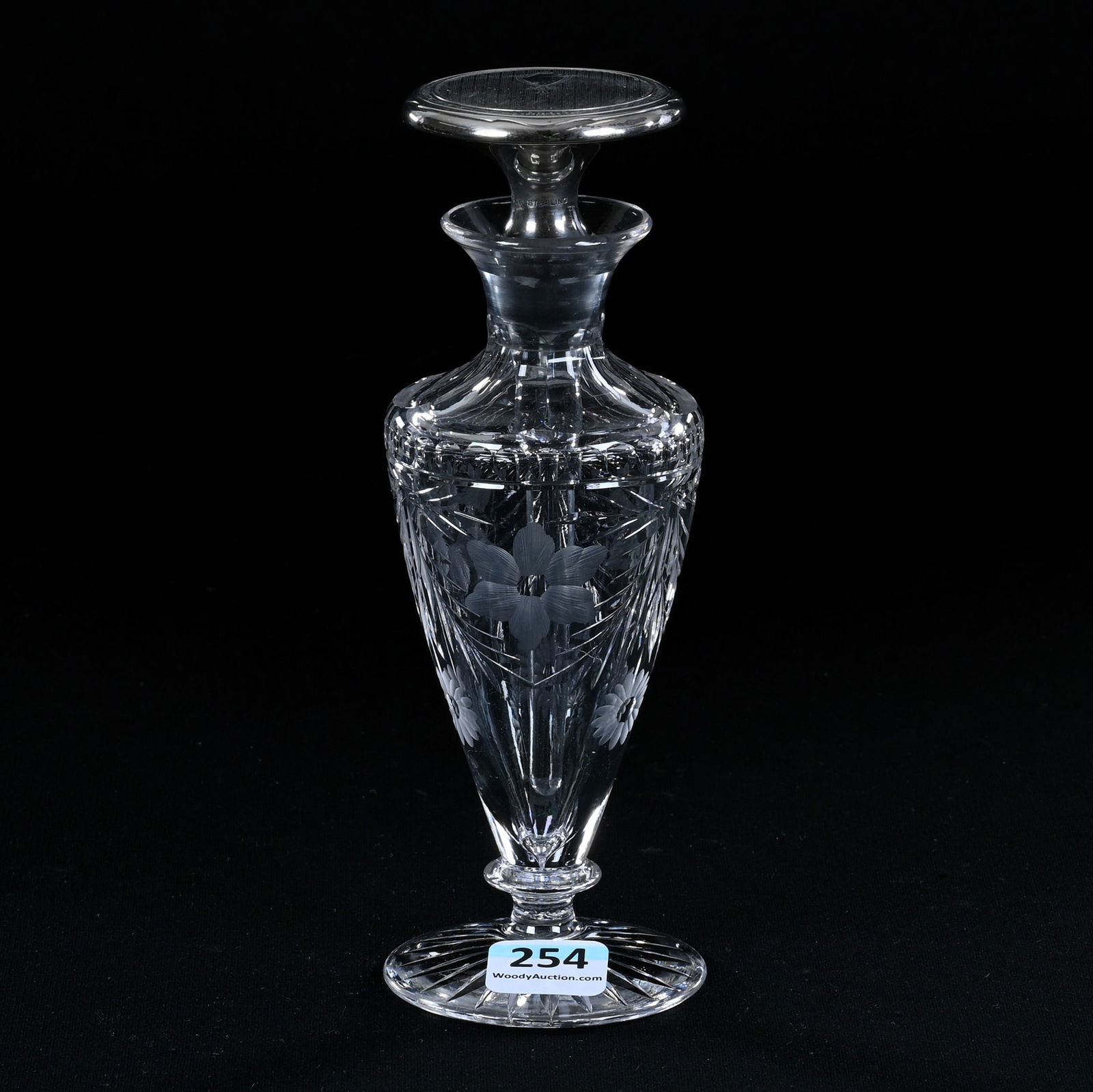 Pedestal Perfume Bottle, American Brilliant Cut Glass, Engraved Floral Design, Sterling Stopper (1 of 5)