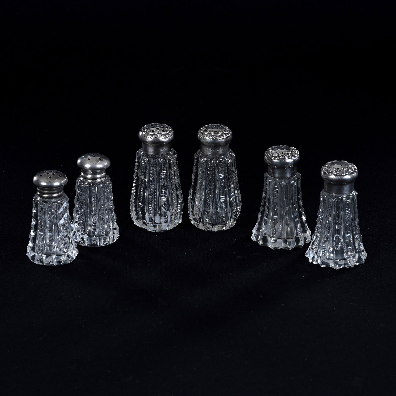 (3) Salt And Pepper Shaker Sets, American Brilliant Cut Glass, Sterling Silver Tops (1 of 5)