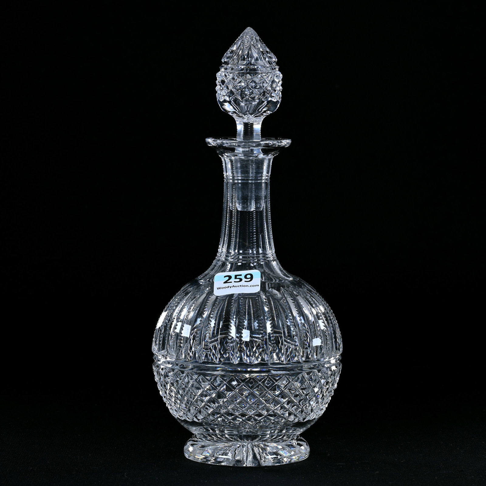 Cordial Decanter, American Brilliant Cut Glass, Diamond, Miter And Prism Motif: Cordial Decanter, American Brilliant Cut Glass, Diamond, Miter And Prism Motif, 8.25" x 3.75", Pattern Cut Stopper, Ray Cut Foot, Base Bruise, Eleanor Eulau Collection.