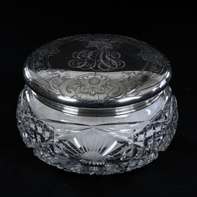 Powder Box, American Brilliant Cut Glass, Sunburst And Prism Motif