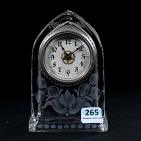 Desk Clock, American Brilliant Cut Glass, Signed Sinclaire, Finely Engraved Floral Decor, American