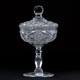 Covered Compote, American Brilliant Cut Glass, Signed Libbey, Hobstar, Strawberry Diamond, Star And