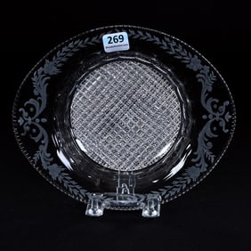 Oval Bowl, American Brilliant Cut Glass, Signed Sinclaire, Crosscut Diamond Center, Engraved Floral