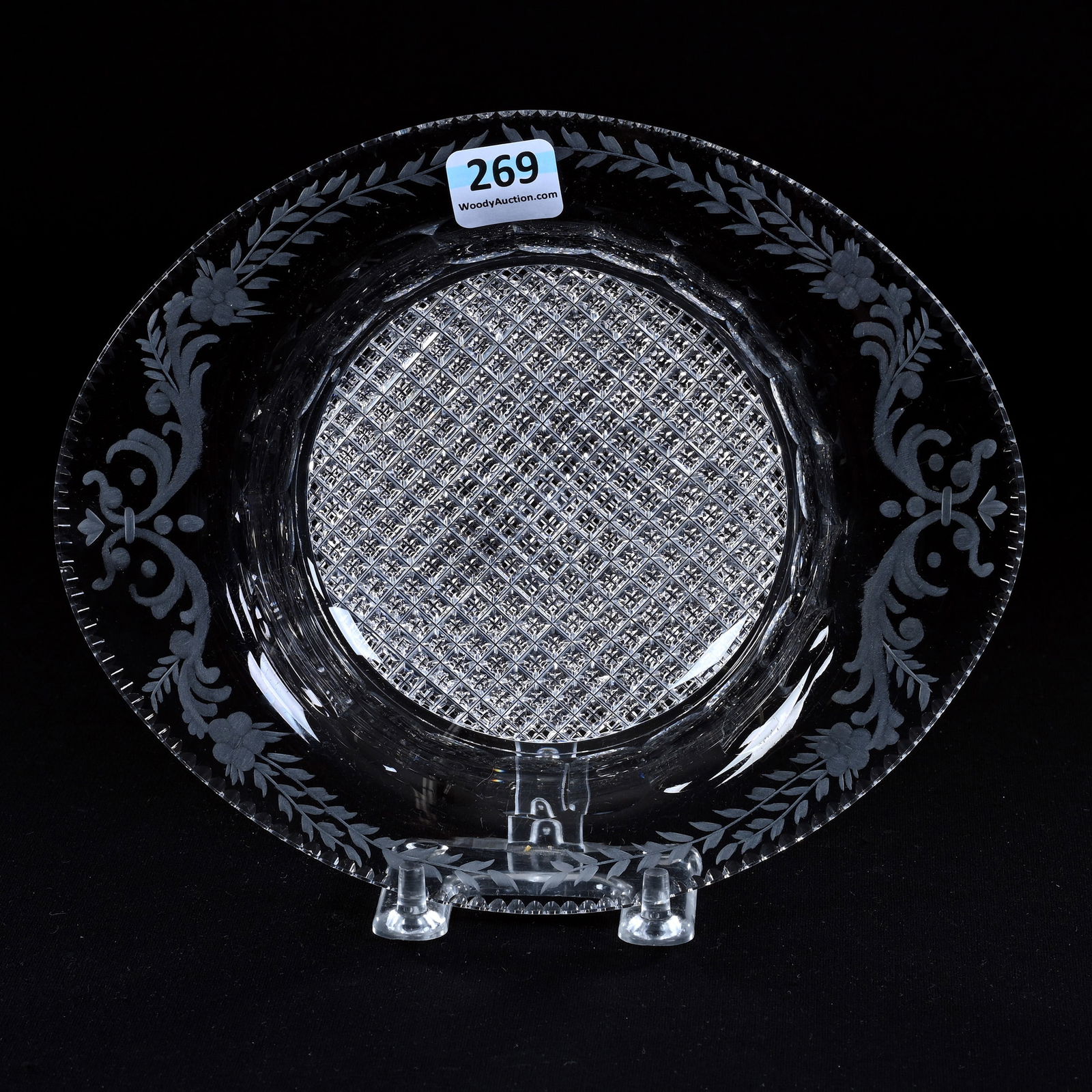 Oval Bowl, American Brilliant Cut Glass, Signed Sinclaire, Crosscut Diamond Center, Engraved Floral (1 of 2)
