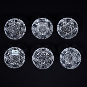 (6) Butter Pats, American Brilliant Cut Glass, Signed Hawkes, Hobstar Center, Fan Border