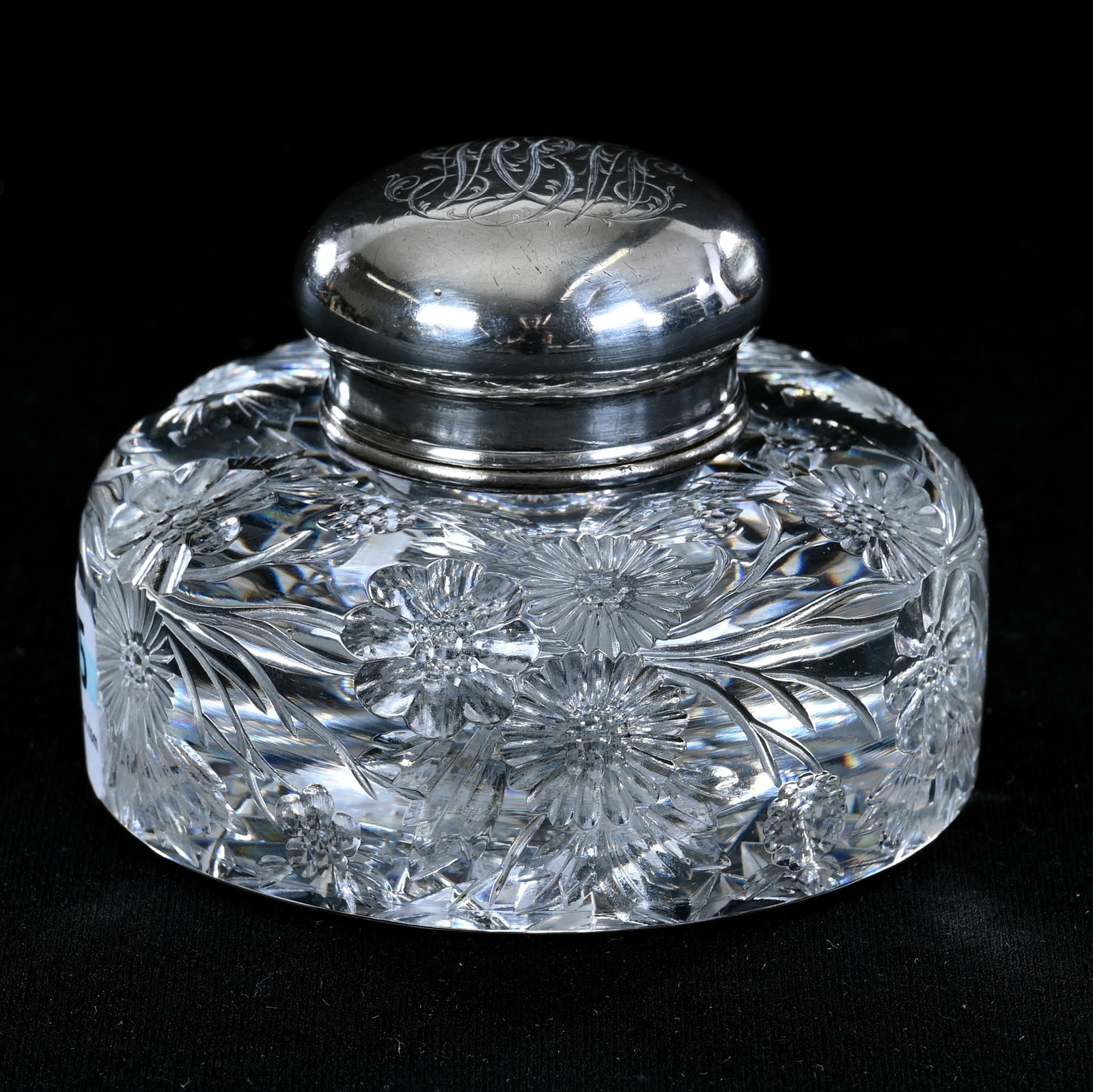 Inkwell, American Brilliant Cut Glass, Engraved Floral, Hobstar Base, Sterling Silver Flip Lid (1 of 7)