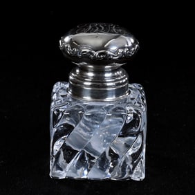Square Inkwell, American Brilliant Cut Glass, Spiral Cut Design, Sterling Silver Flip Lid Marked
