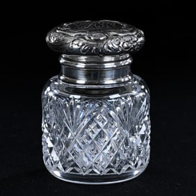 Inkwell, American Brilliant Cut Glass, Crosscut Diamond And Fan Motif, Sterling Silver Flip Lid