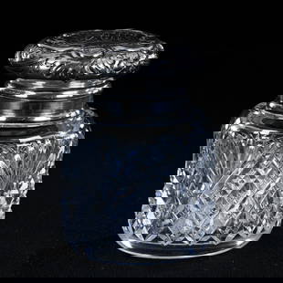 Inkwell, American Brilliant Cut Glass, Crosscut Diamond And Fan Motif, Sterling Silver Flip Lid: Inkwell, American Brilliant Cut Glass, Crosscut Diamond And Fan Motif, Sterling Silver Flip Lid Marked Caldwell #171, 2.75" x 2", Eleanor Eulau Collection.