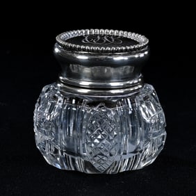 Inkwell, American Brilliant Cut Glass, Vesica, Diamond And Geometric Motif, Sterling Silver Flip Lid