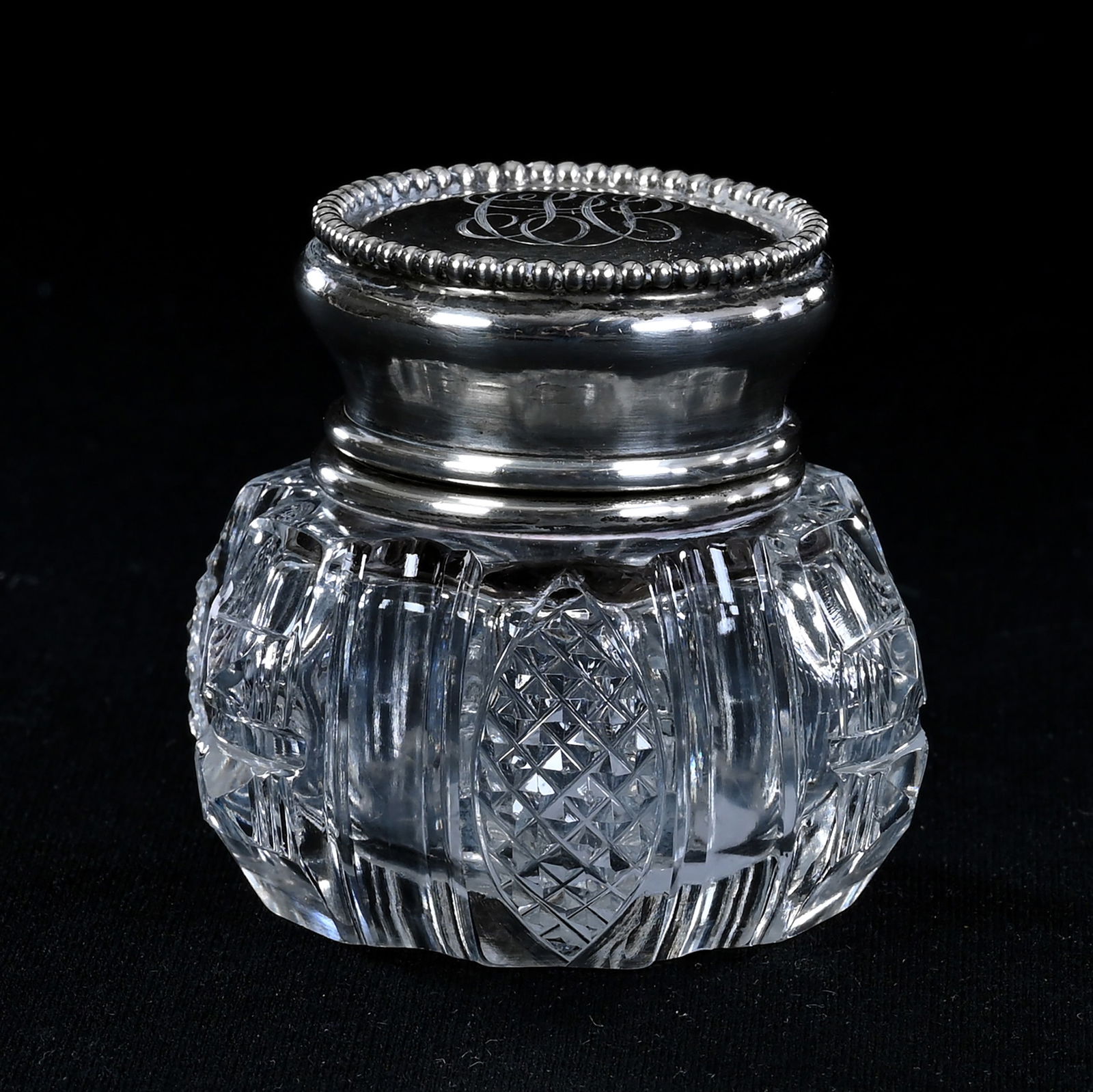Inkwell, American Brilliant Cut Glass, Vesica, Diamond And Geometric Motif, Sterling Silver Flip Lid: Inkwell, American Brilliant Cut Glass, Vesica, Diamond And Geometric Motif, Sterling Silver Flip Lid Marked Dominick And Haff #145, 2" x 2.25", Eleanor Eulau Collection.