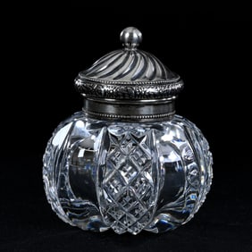 Inkwell, American Brilliant Cut Glass, Alternating Columns Of Crosscut Diamond And Pillar