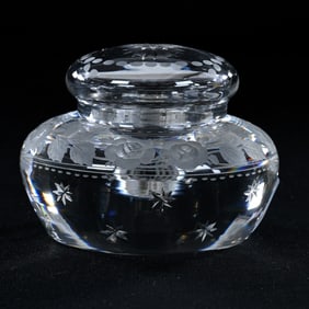 Inkwell, American Brilliant Cut Glass, Engraved Rose Decor With Star Highlights, Pattern Cut Lid