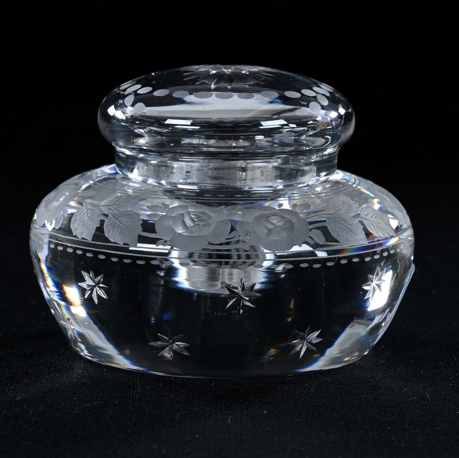 Inkwell, American Brilliant Cut Glass, Engraved Rose Decor With Star Highlights, Pattern Cut Lid: Inkwell, American Brilliant Cut Glass, Engraved Rose Decor With Star Highlights, Pattern Cut Lid, 2.25" x 3", Ray Cut Base, Attributed To Sinclaire, Eleanor Eulau Collection.