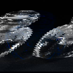 Inkwell, American Brilliant Cut Glass, Engraved Rose Decor With Star Highlights, Pattern Cut Lid: Inkwell, American Brilliant Cut Glass, Engraved Rose Decor With Star Highlights, Pattern Cut Lid, 2.25" x 3", Ray Cut Base, Attributed To Sinclaire, Eleanor Eulau Collection.