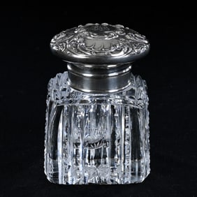 Square Inkwell, American Brilliant Cut Glass, Prism And Pillar Motif, Sterling Flip Lid Marked