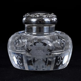 Inkwell, American Brilliant Cut Glass, Adam II Pattern By Sinclaire, Sterling Flip Lid Marked Frank