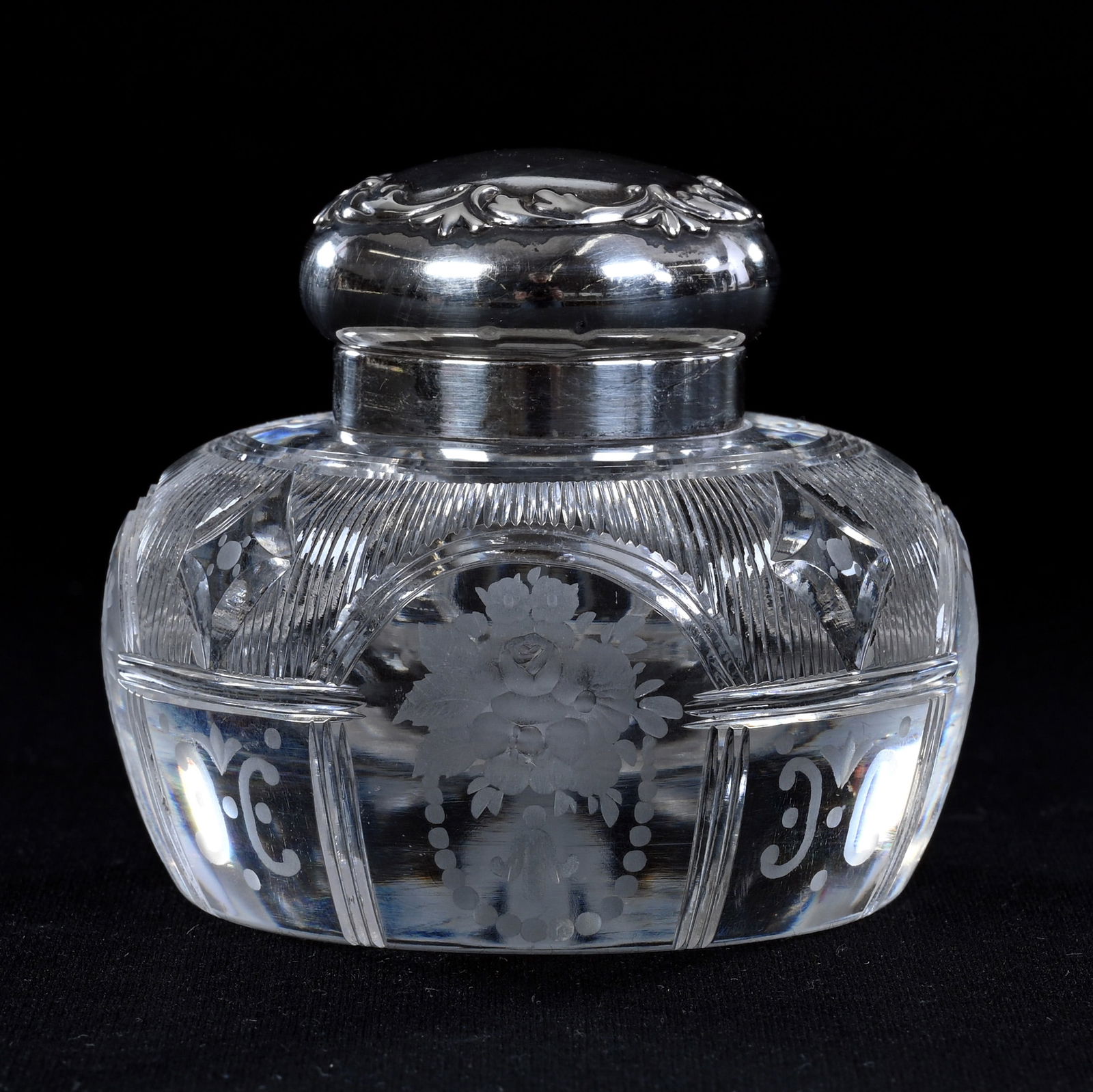 Inkwell, American Brilliant Cut Glass, Adam II Pattern By Sinclaire, Sterling Flip Lid Marked Frank (1 of 5)