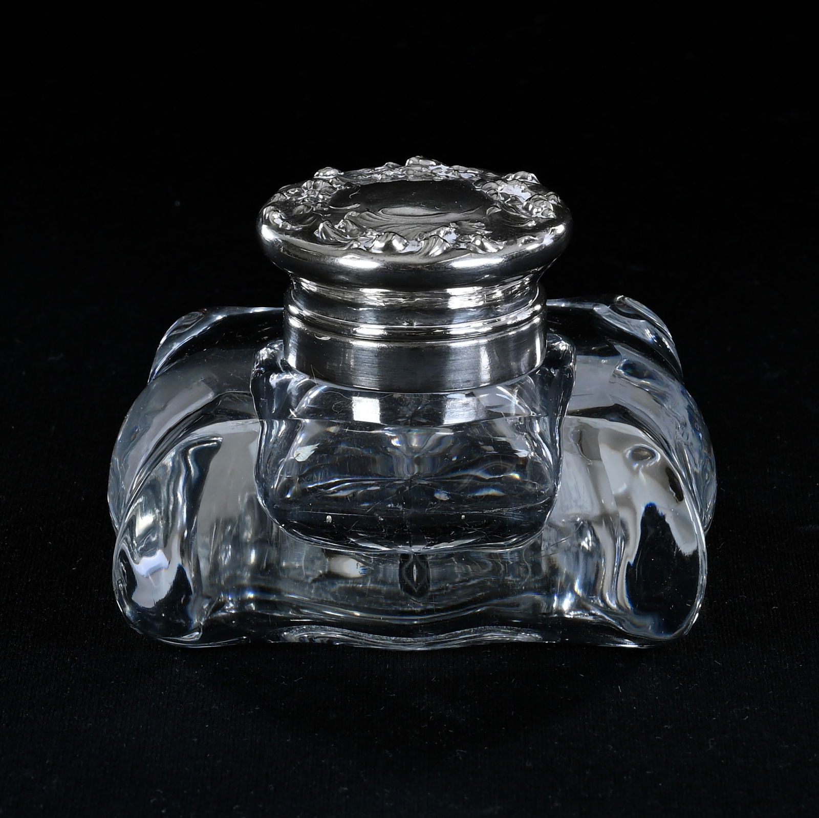 Inkwell, Square, American Brilliant Cut Glass, Uncut Undulating Body, Ray Cut Base, Sterling Flip: Inkwell, Square, American Brilliant Cut Glass, Uncut Undulating Body, Ray Cut Base, Sterling Flip Lid Marked Mauser #3486, 2.25" x 3.25", Eleanor Eulau Collection.
