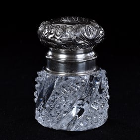 Inkwell, American Brilliant Cut Glass, Spiral Panels Cut In Nailhead Diamond And Pillar, Sterling