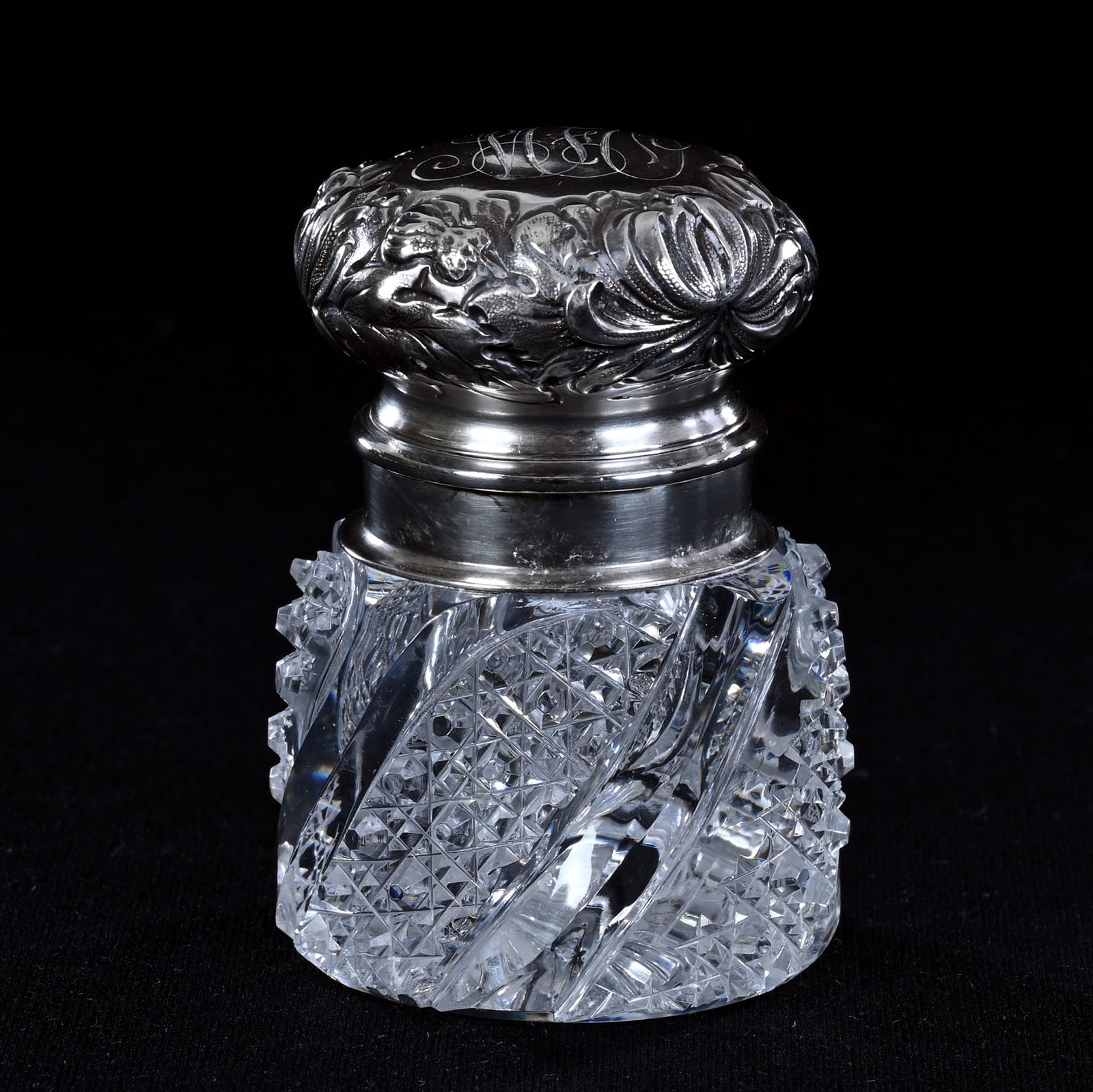 Inkwell, American Brilliant Cut Glass, Spiral Panels Cut In Nailhead Diamond And Pillar, Sterling (1 of 6)