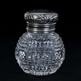 Inkwell, American Brilliant Cut Glass, Diamond And Miter Motif, Sterling Flip Lid With Unidentified