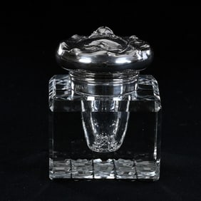 Square Inkwell, American Brilliant Cut Glass, Uncut Beveled Sides, Cane Cut Base, Sterling Flip Lid