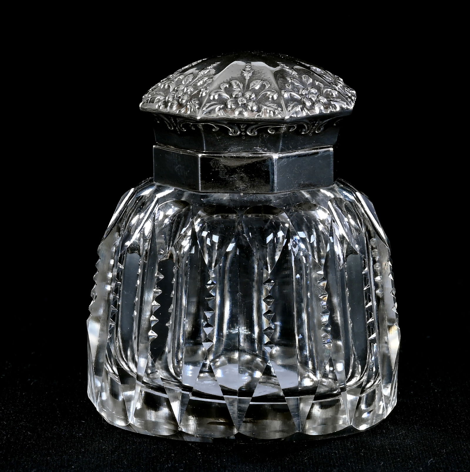 Inkwell, American Brilliant Cut Glass, Prism Cut Body, Sterling Eight-Sided Flip Lid Marked Foster (1 of 5)