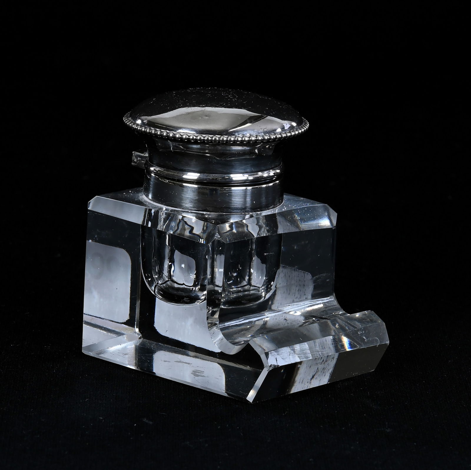 Inkwell With Pen Rest, American Brilliant Cut Glass, Clear Cut, Sterling Flip Lid Marked Wilcox: Inkwell With Pen Rest, American Brilliant Cut Glass, Clear Cut, Sterling Flip Lid Marked Wilcox, 2.5" x 1.75" x 2.25", Eleanor Eulau Collection.