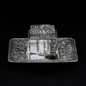 Square Inkwell, American Brilliant Cut Glass, Clear Uncut Well, Set On Elaborately Embossed Sterling