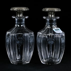 Pair Cologne And Perfume Bottles, American Brilliant Cut Glass, Engraved Floral And Vertical Motif