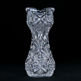 Vase, American Brilliant Cut Glass, Uniquely Shaped, Hobstar, Strawberry Diamond And Crosshatch