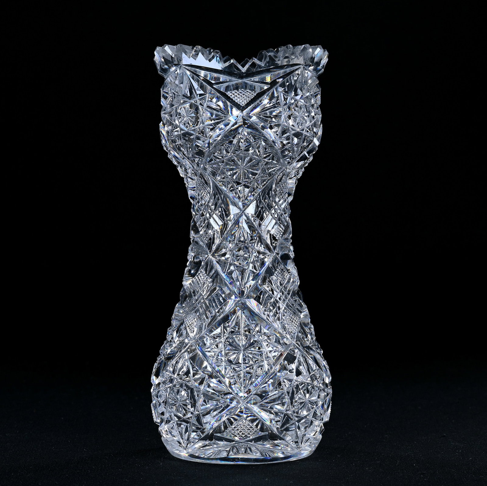 Vase, American Brilliant Cut Glass, Uniquely Shaped, Hobstar, Strawberry Diamond And Crosshatch: Vase, American Brilliant Cut Glass, Uniquely Shaped, Hobstar, Strawberry Diamond And Crosshatch Motif, 6.25" x 2.75", Ray Cut Base, Eleanor Eulau Collection.