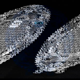 Low Bowl, American Brilliant Cut Glass, Diamond Block Center, Strawberry Diamond And Fan Border: Low Bowl, American Brilliant Cut Glass, Diamond Block Center, Strawberry Diamond And Fan Border, 7", Tooth Nick, Eleanor Eulau Collection.