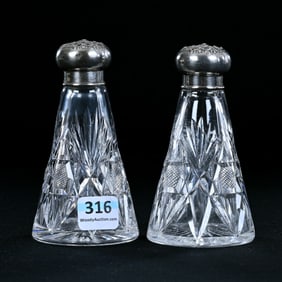 Salt And Pepper Shaker Set, American Brilliant Cut Glass, Hobstar And Fan Motif, Conical Shape
