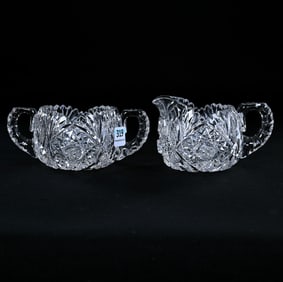 Small Creamer And Sugar Set, American Brilliant Cut Glass, Hobstar, Strawberry Diamond, Vesica,