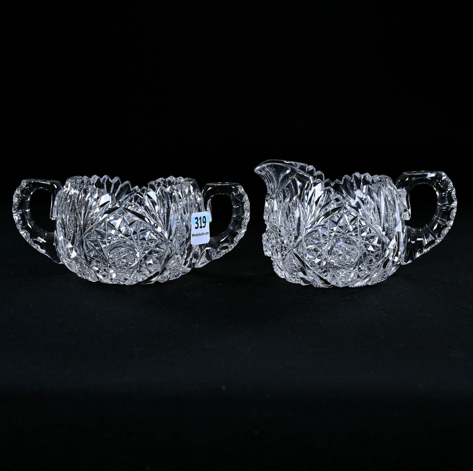 Small Creamer And Sugar Set, American Brilliant Cut Glass, Hobstar, Strawberry Diamond, Vesica, (1 of 4)