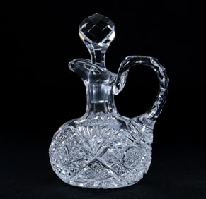 Small Cruet Bottle, American Brilliant Cut Glass, Hobstar, Strawberry Diamond And Fan Motif