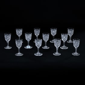 (12) Cordial Stems, American Brilliant Cut Glass, Hobstar And Crosscut Diamond Motif