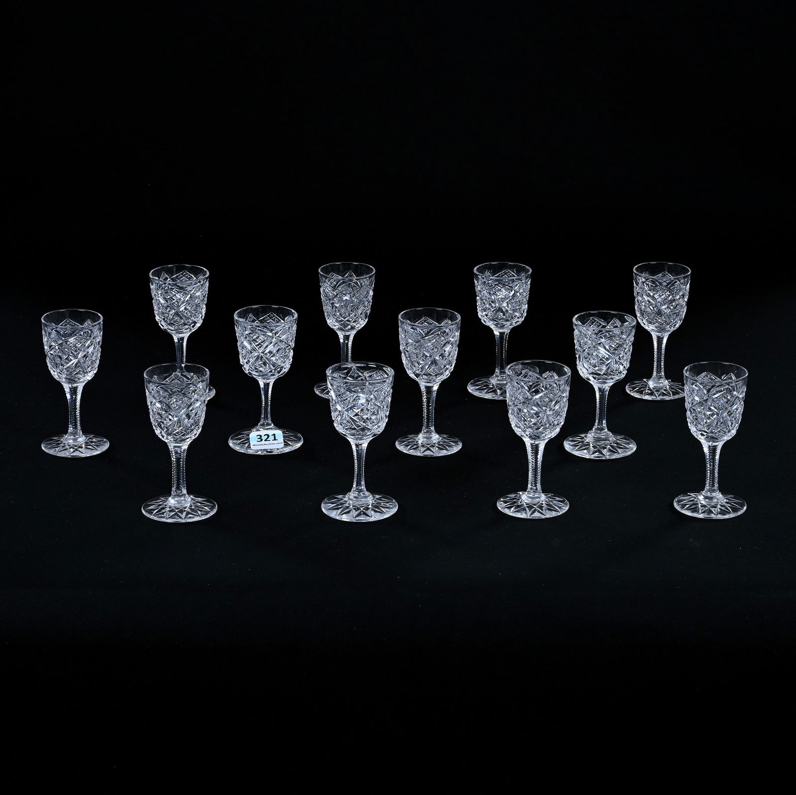 (12) Cordial Stems, American Brilliant Cut Glass, Hobstar And Crosscut Diamond Motif (1 of 3)